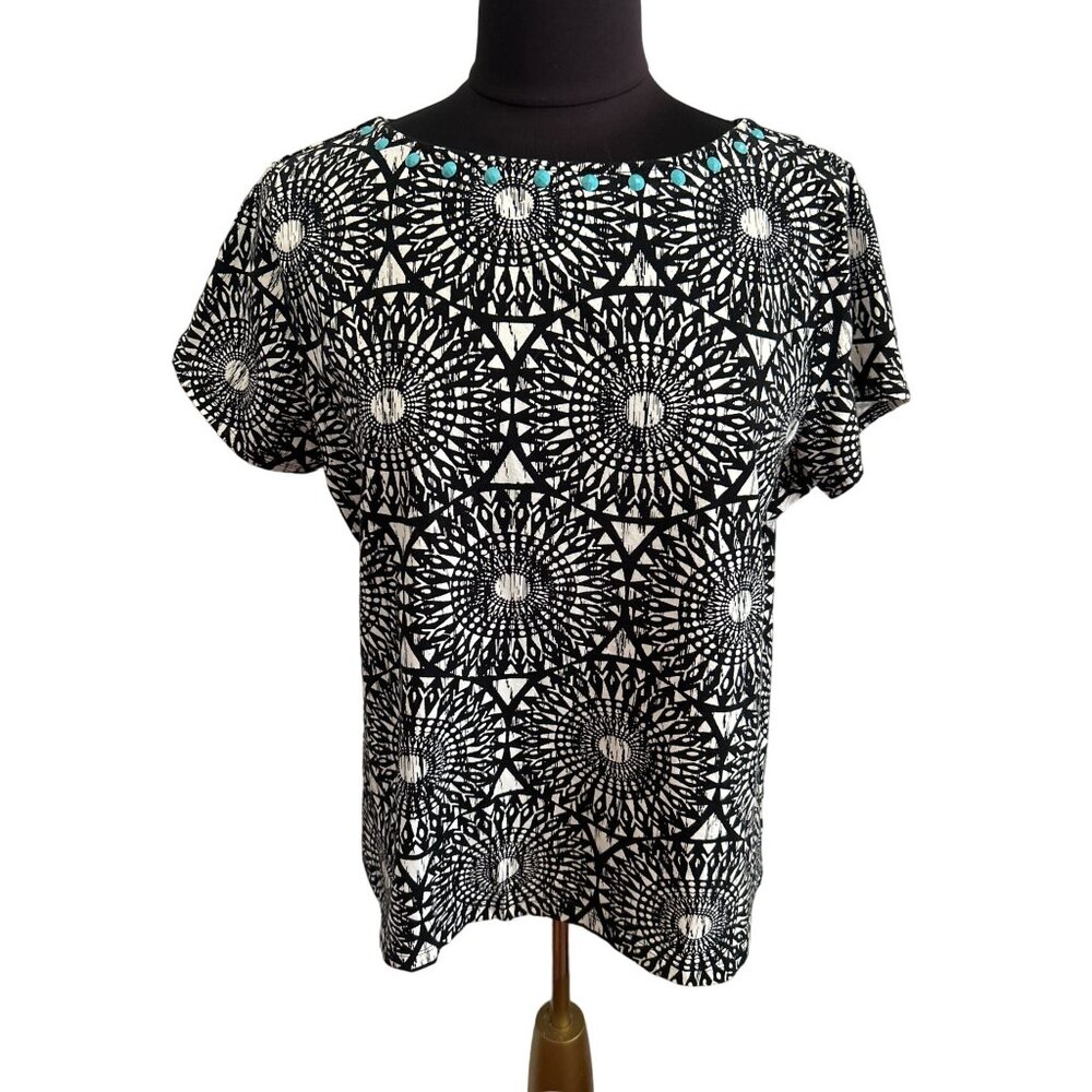 Ruby Rd. Favorites Top L Black & White Geometric Pattern With Turquoise Accents
